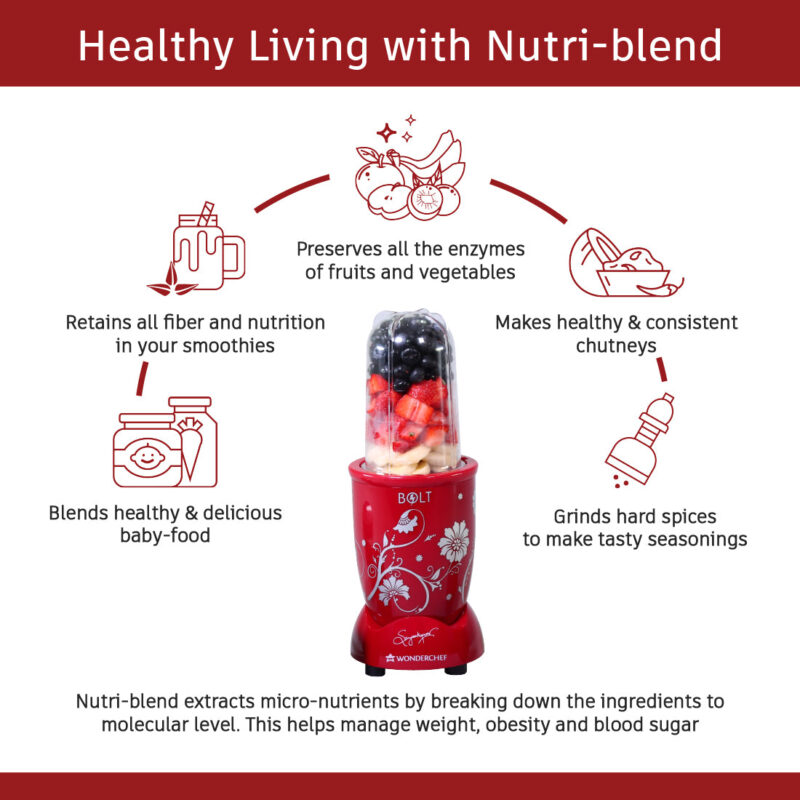 Nutri-blend BOLT-600W Mixer-Grinder, Stronger & Swifter with Sipper Lid, 22000RPM 100% Full Copper Motor, 2 Unbreakable Jars, Sharper Steel Blades, 2 Years Warranty, Red, Recipe Book By Chef Sanjeev Kapoor - Image 3