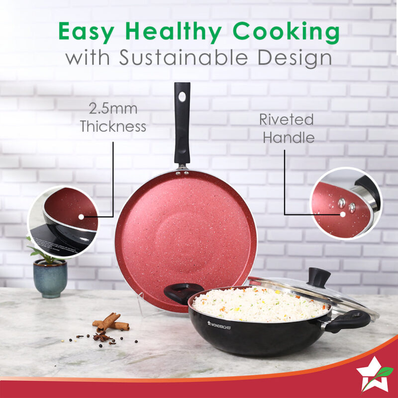 Galaxy 3pcs Cookware Set | Kadhai with Lid and Dosa Tawa | Induction Friendly | Cool Touch Bakelite Handles | Pure Grade Aluminium| PFOA Free| 2 Years Warranty | Red & Black - Image 6