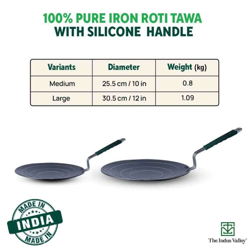 100% Pure Sheet Iron Tawa, Concave, Toxin-free, Seasoned, Silicone Handle,25.5cm/30.5cm - Image 2