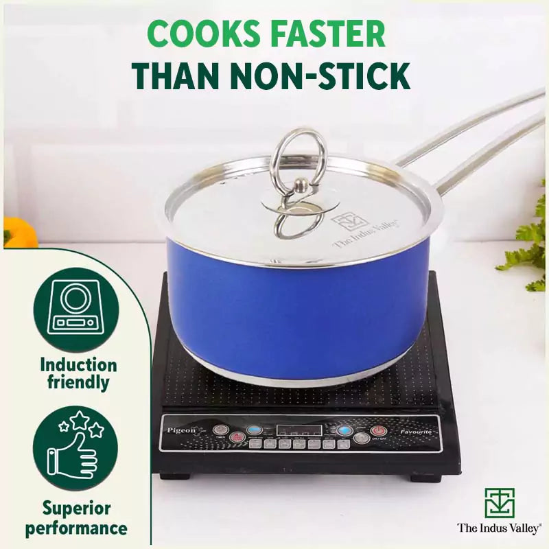 Tri-Steel Premium Stainless Steel Saucepan/ Milk/ Tea Pan, Tri-ply (3 Layer) Induction Bottom, Steel Lid, 1.4L, Blue - Image 5