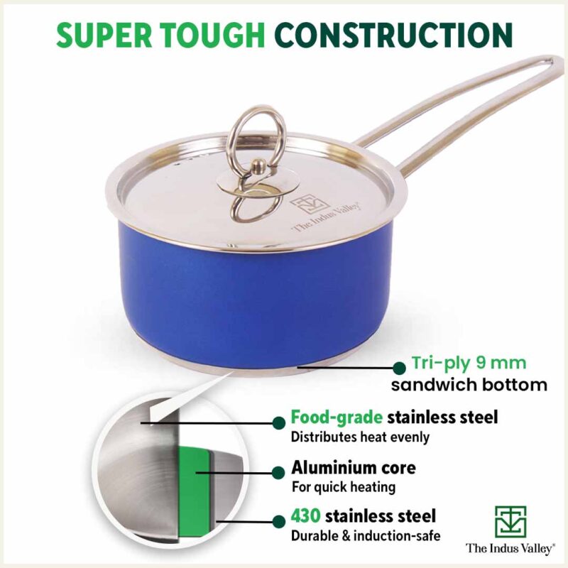 Tri-Steel Premium Stainless Steel Saucepan/ Milk/ Tea Pan, Tri-ply (3 Layer) Induction Bottom, Steel Lid, 1.4L, Blue - Image 4