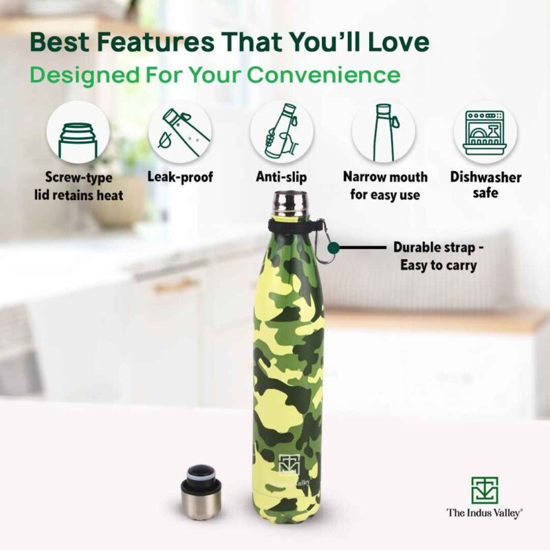 Premium Stainless Steel Camo Printed Vacuum Insulated Water Bottles, Cola Shaped, 1 Litre - Image 6