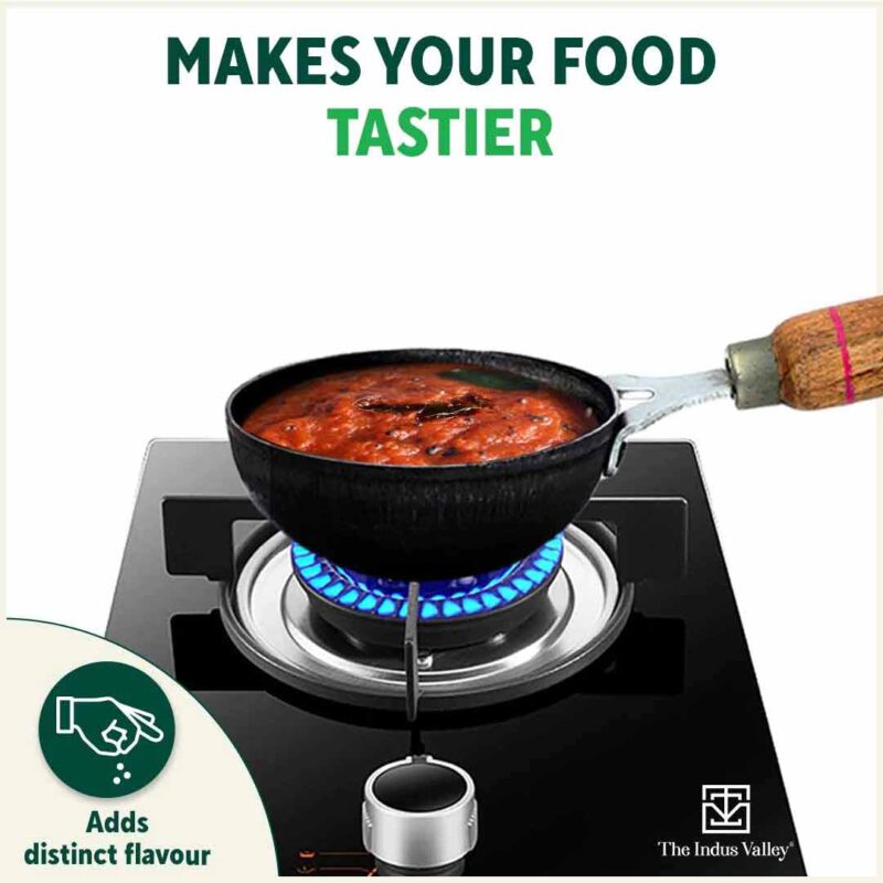100% Pure Sheet Iron Tadka Pan with Wooden/Silicone Handle, Seasoned, Toxin-free, 0.8/0.43ml - Image 9