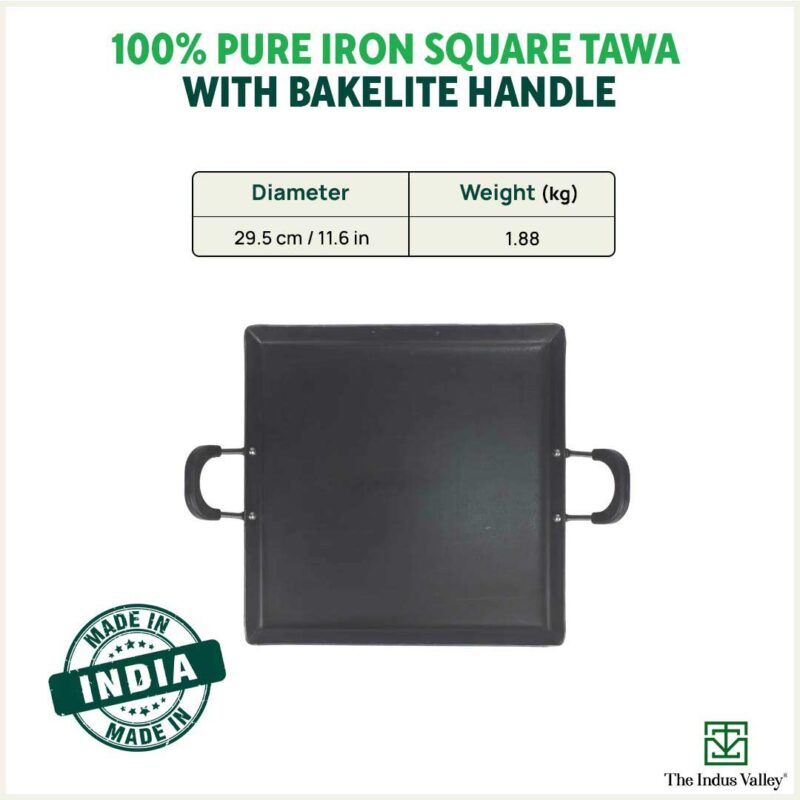 100% Pure Sheet Iron Tawa, Square, Cool Bakelite Handle, Seasoned, Toxin-free, Induction, 29.5cm, 1.88kg - Image 3