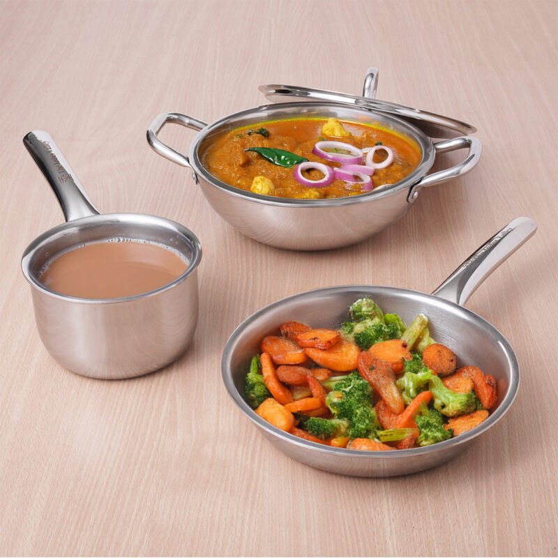 TurboCuk Tri-ply Stainless Steel Cookware Set: Kadai+ Frypan+ Tea/Milk pan, Premium Quality, 3 Layer Thick Body, 100% Toxin-free, Non-stick, Induction & Gas - Image 11