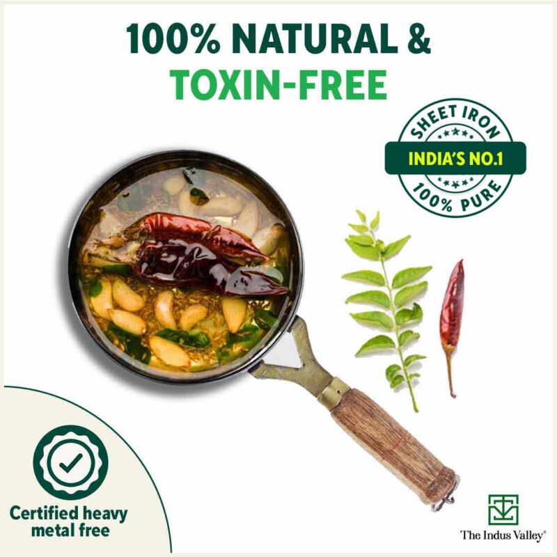 100% Pure Sheet Iron Tadka Pan with Wooden/Silicone Handle, Seasoned, Toxin-free, 0.8/0.43ml - Image 5