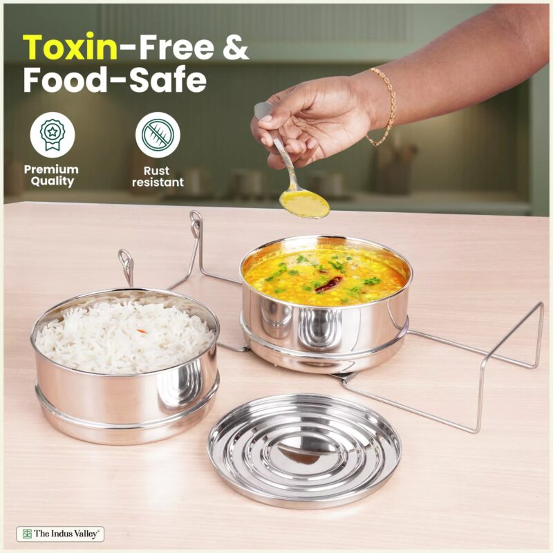 Stainless Steel Pressure Cooker Separator 2-tier Compatible with 3 Litres , Premium Quality, 100% Safe, 2 Containers With Lifter Stand, Stainless Steel - Image 5