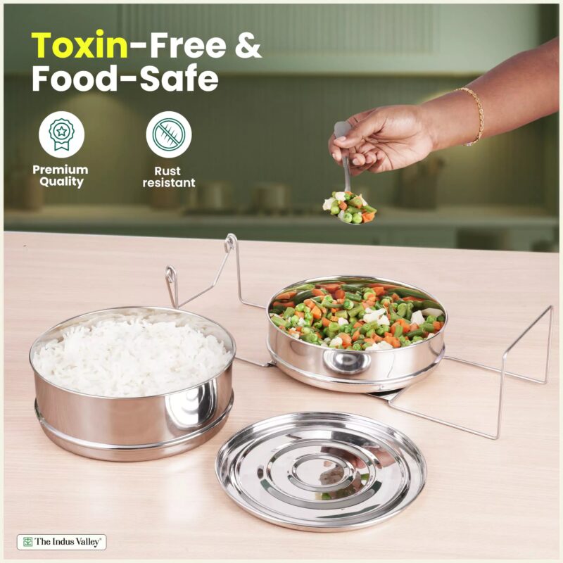 Stainless Steel Pressure Cooker Separator 2-tier Compatible with 5 Litres , Premium Quality, 100% Safe, 2 Containers With Lifter Stand, Stainless Steel - Image 5