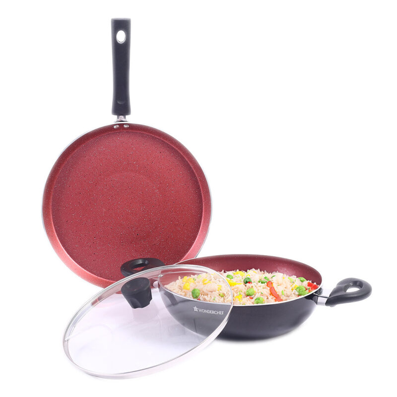 Galaxy 3pcs Cookware Set | Kadhai with Lid and Dosa Tawa | Induction Friendly | Cool Touch Bakelite Handles | Pure Grade Aluminium| PFOA Free| 2 Years Warranty | Red & Black - Image 7