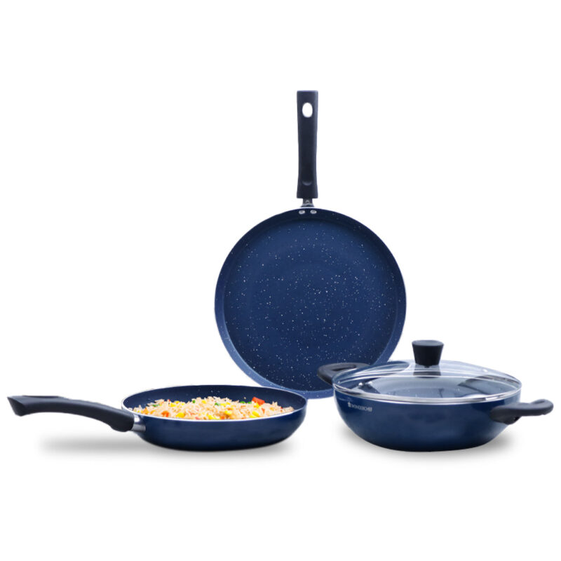Galaxy Cookware 4 Piece Set | 24 cm Kadhai with Lid, 24 cm Fry Pan, 28 cm Dosa Tawa | Induction Friendly | Cool Touch Bakelite Handles | Pure Grade Aluminium| PFOA Free| 2 Years Warranty | Midnight Blue - Image 8