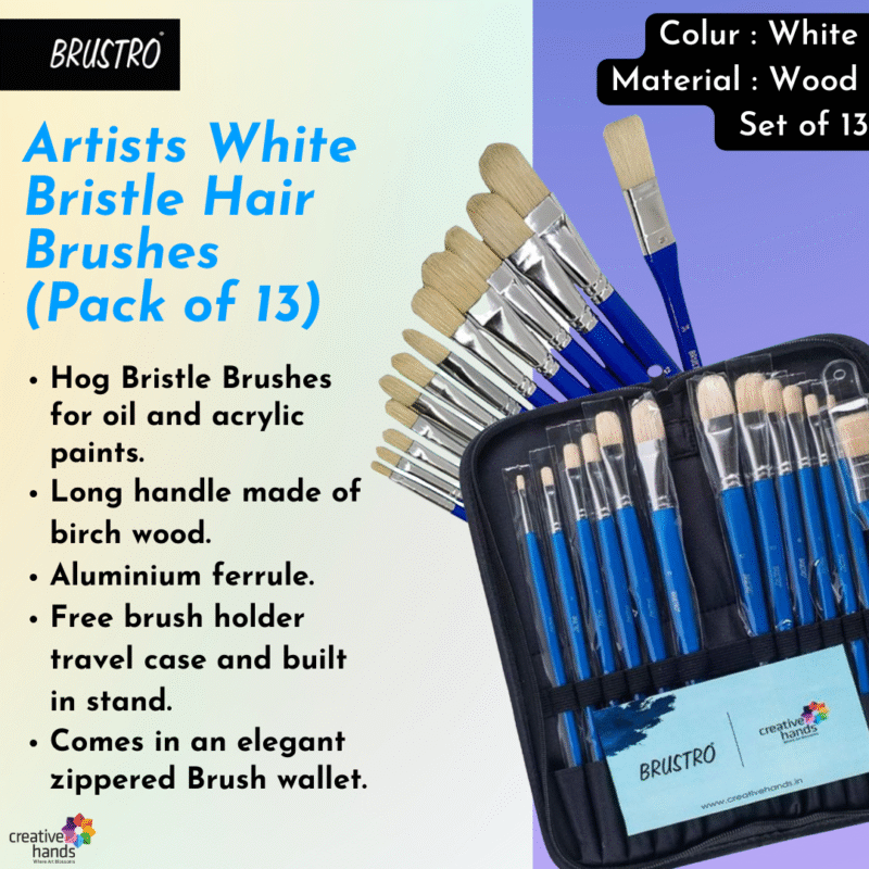 Brustro Artists White Bristle Hair Brushes for Oil and Acrylic Paint with an Elegant Zippered Brush Wallet (Pack of 13)