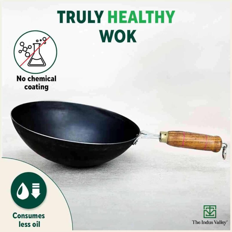 100% Pure Iron Wok with Wooden Handle, Toxin-free Sheet Iron, Pre-seasoned, 2.2/4.2L, 1/1.5kg - Image 4