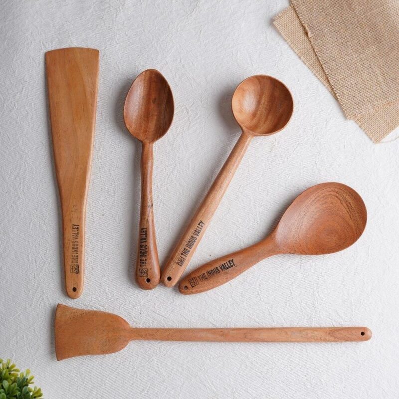 100% Natural Neem Wood Cooking & Serving Spoons/Spatula/Ladles, Set of 5, Toxin-free, Anti-microbial - Image 2