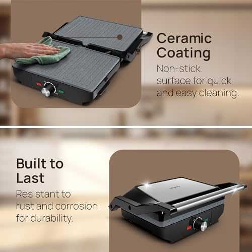 Wipro Elato BS204 1600 Watt Jumbo Ceramic Grill Sandwich Maker, Multi Heating Modes,180° Open Sandwich Griller, Non-Toxic BPA,PTFE,PFOA&PFAS Free, 2 Year Warranty, Large Bread Size for 2 Slices - Image 6