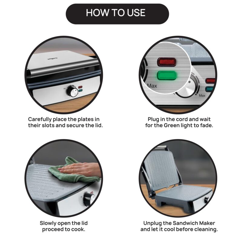 Wipro Elato BS205 2200 Watt Super Jumbo Ceramic Grill Sandwich Maker, Multi Heating Modes, 180° Open Sandwich Griller,Non-Toxic BPA,PTFE,PFOA&PFAS Free, 2 Year Warranty,Regular Bread Size for 4 Slices - Image 4