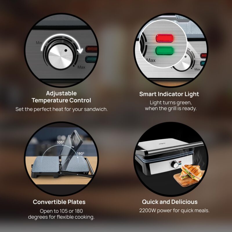 Wipro Elato BS205 2200 Watt Super Jumbo Ceramic Grill Sandwich Maker, Multi Heating Modes, 180° Open Sandwich Griller,Non-Toxic BPA,PTFE,PFOA&PFAS Free, 2 Year Warranty,Regular Bread Size for 4 Slices - Image 5