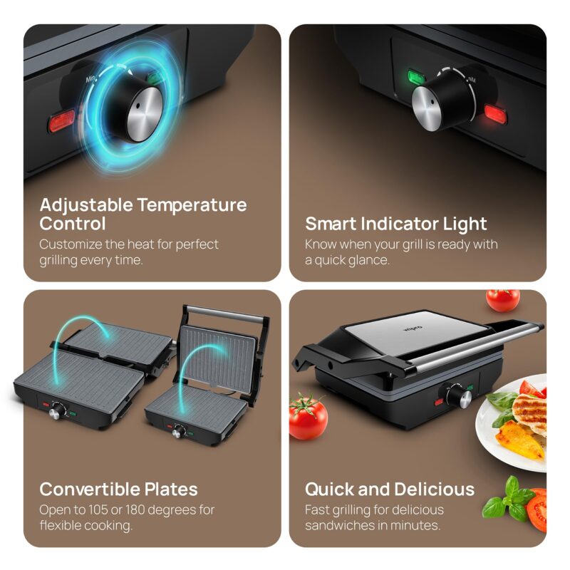 Wipro Elato BS204 1600 Watt Jumbo Ceramic Grill Sandwich Maker, Multi Heating Modes,180° Open Sandwich Griller, Non-Toxic BPA,PTFE,PFOA&PFAS Free, 2 Year Warranty, Large Bread Size for 2 Slices - Image 5