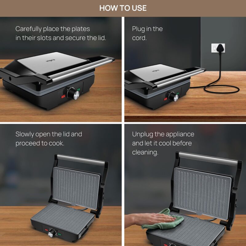 Wipro Elato BS204 1600 Watt Jumbo Ceramic Grill Sandwich Maker, Multi Heating Modes,180° Open Sandwich Griller, Non-Toxic BPA,PTFE,PFOA&PFAS Free, 2 Year Warranty, Large Bread Size for 2 Slices - Image 4