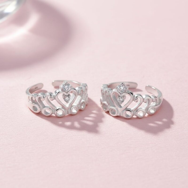 Parnika Exquisite Crown Design Silver Toe Rings in Pure 92.5 Sterling Silver for Women | Chandi Bichiya | With Certificate of Authenticity | Metti | (CZ) - Image 3