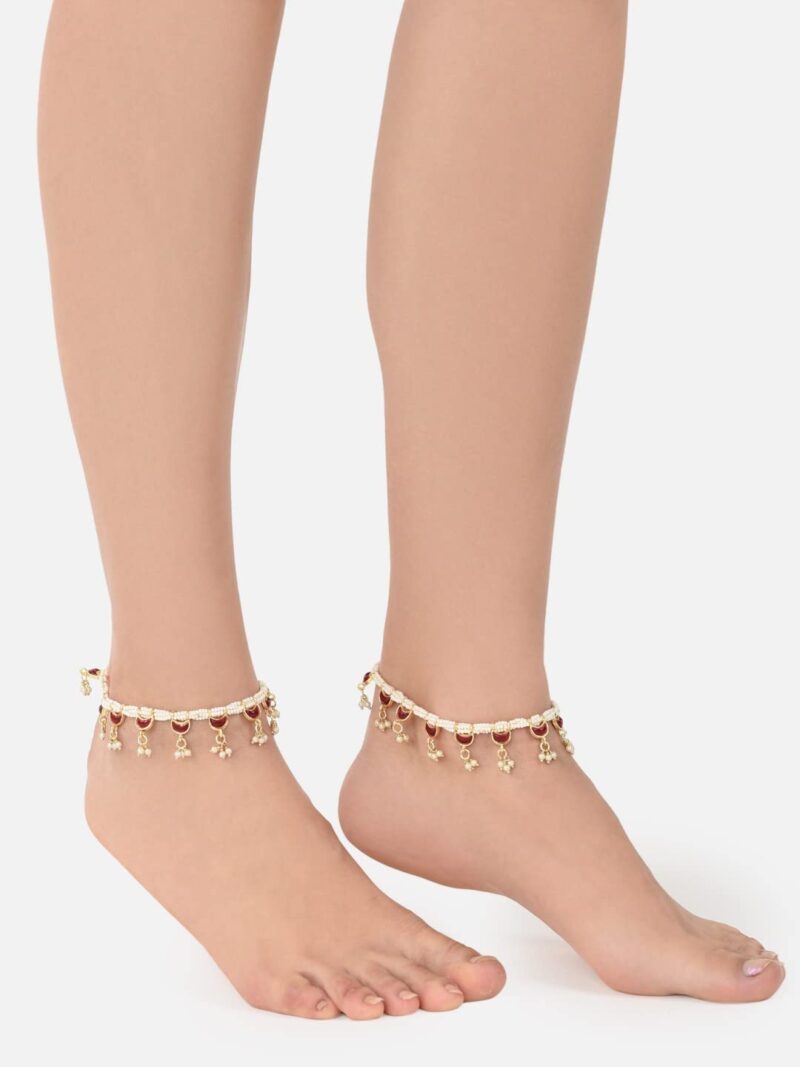 ZAVERI PEARLS Pink Crescent Shape Kundan Drop Multistrand Anklets (2 Payals) For Women-ZPFK11554 - Image 5