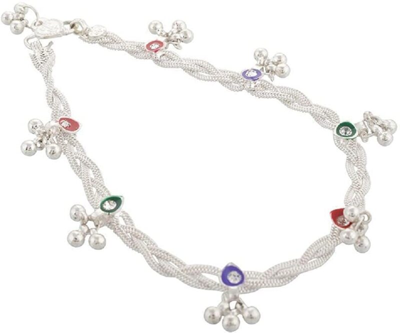Indian Traditional White Metal Anklets Payal Pair for Women Girls with Attached Ghungroo - Fashion Designer Barefoot Foot Imitation Jewellery (3 Layers Choti with 3 Colours Meenakari Work) - Image 2