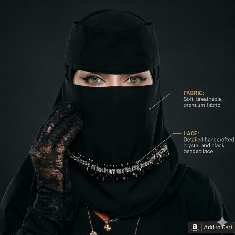 Premium Saudi Niqab with Stone and Bead Embellishment | Breathable Georgette Nakab for Women | Islamic Modest Wear Hijab Veil (Black) Nosepiece - Image 3
