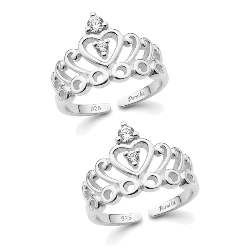 Parnika Exquisite Crown Design Silver Toe Rings in Pure 92.5 Sterling Silver for Women | Chandi Bichiya | With Certificate of Authenticity | Metti | (CZ)