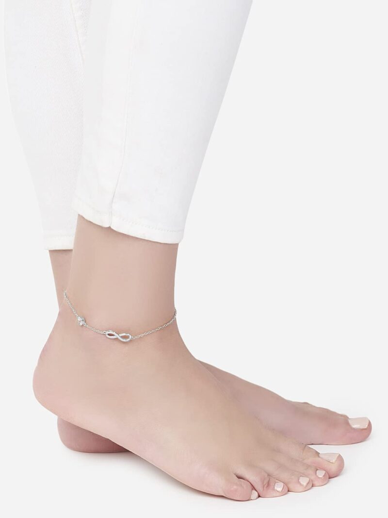 MINUTIAE Infinity Shape Anklet With Solitaire Crystal Diamonds Painjan Payal Leg Chain Foot Jewellery For Women and Girls (Silver) - Image 3