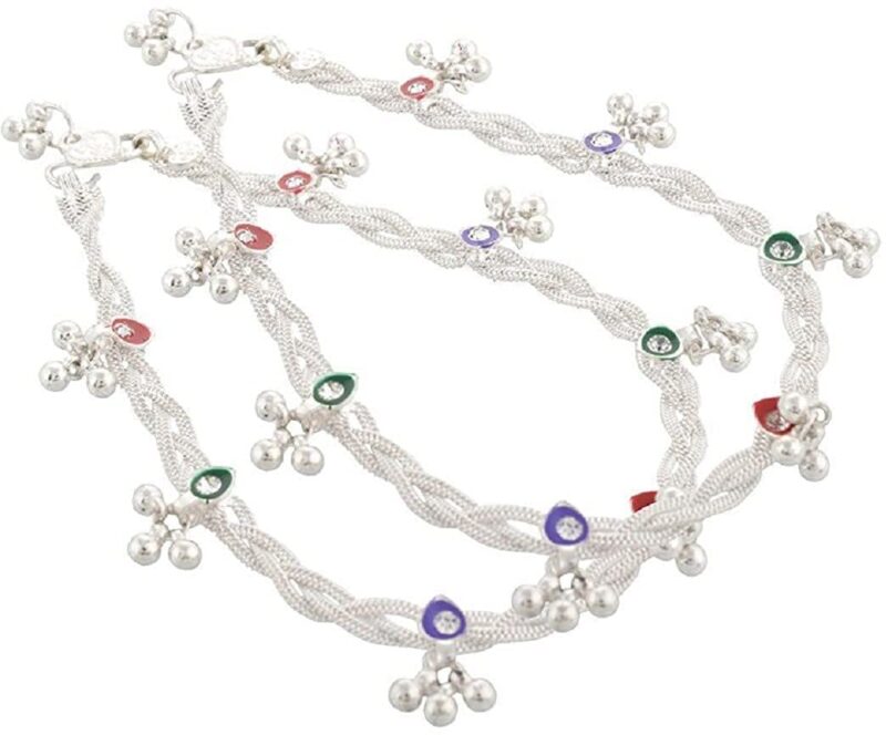 Indian Traditional White Metal Anklets Payal Pair for Women Girls with Attached Ghungroo - Fashion Designer Barefoot Foot Imitation Jewellery (3 Layers Choti with 3 Colours Meenakari Work)