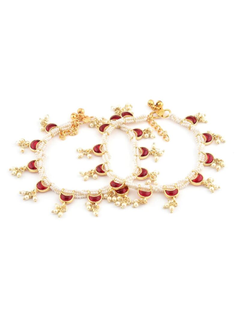 ZAVERI PEARLS Pink Crescent Shape Kundan Drop Multistrand Anklets (2 Payals) For Women-ZPFK11554