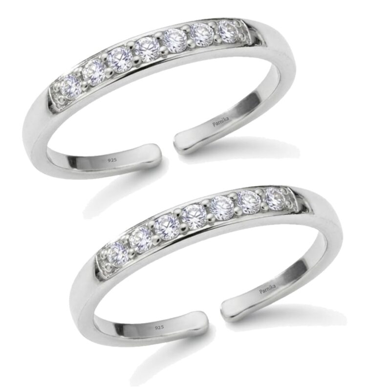 Parnika 925 Sterling Silver Toe Rings for Women | Adjustable Chandi Bichiya with CZ | Pure 92.5 Sterling Silver Leg Finger Rings | Everyday Wear | Certificate of Authenticity (1 Line White)