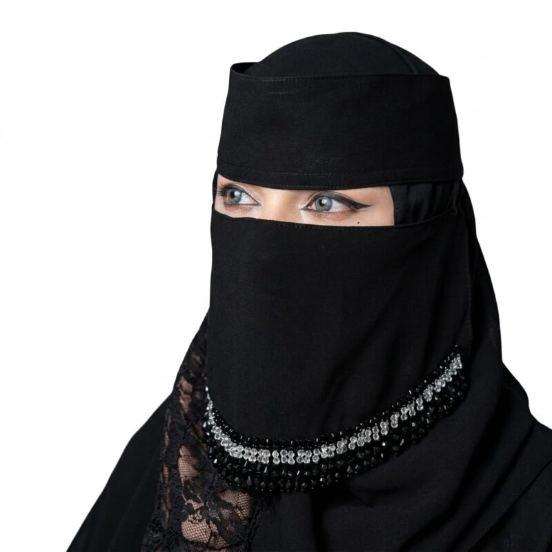 Premium Saudi Niqab with Stone and Bead Embellishment | Breathable Georgette Nakab for Women | Islamic Modest Wear Hijab Veil (Black) Nosepiece