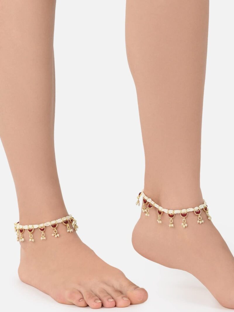 ZAVERI PEARLS Pink Crescent Shape Kundan Drop Multistrand Anklets (2 Payals) For Women-ZPFK11554 - Image 2