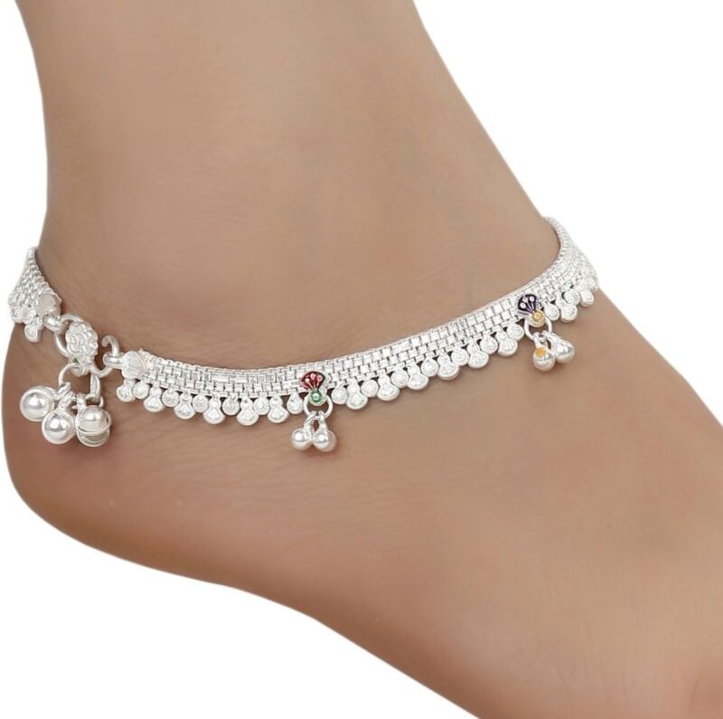 WomenSky Indian Traditional Ethnic Fancy Foot Jewellery Silver Plated Oxidised Ghungroo Painjan Payal Leg Chain Anklets Pair for Women & Girls (Silver) - Image 4