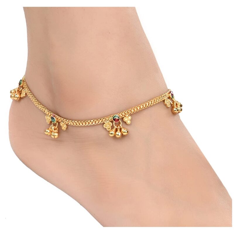 AanyaCentric Womens Silver Plated White Metal Alloy Anklets Payal Pair Indian Traditional Ethnic Contemporary Latest Pamela Design Fancy Foot Jewellery Leg Chain (Gold Plated/1 Pair) - Image 4