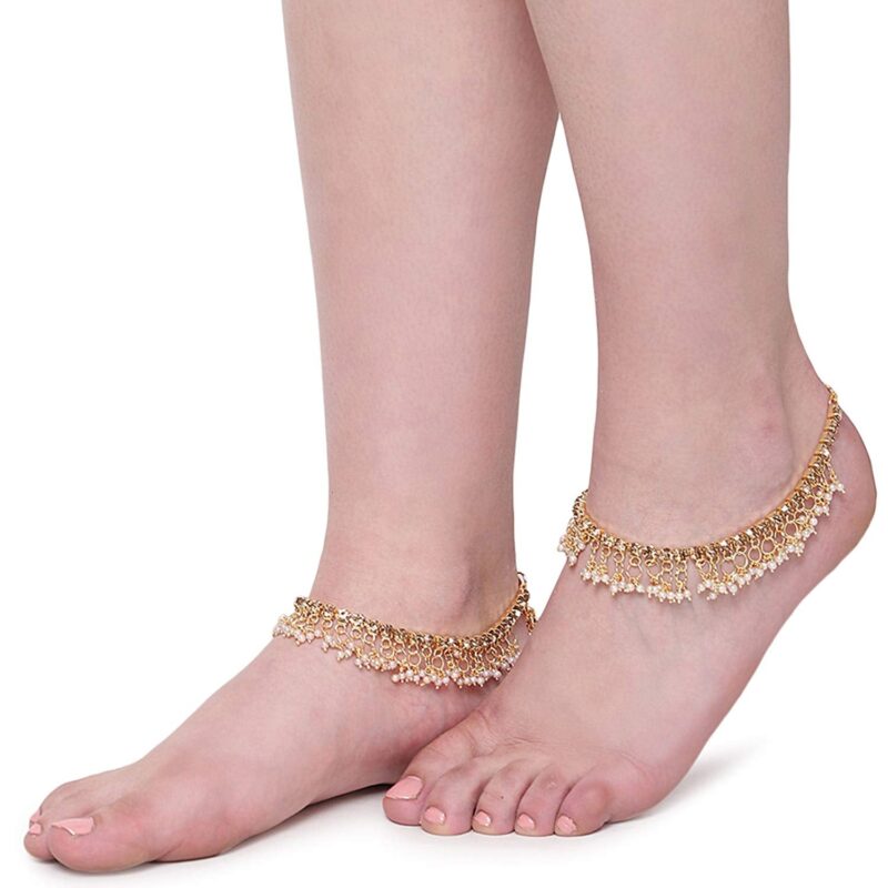 WomenSky Traditional Pearls Stone Fancy Gold Plated Payal/Anklet/Pajeb/Payjeb/Painjan/Ghungroo/Anklet Bracelet/Pattilu for Women - Image 3