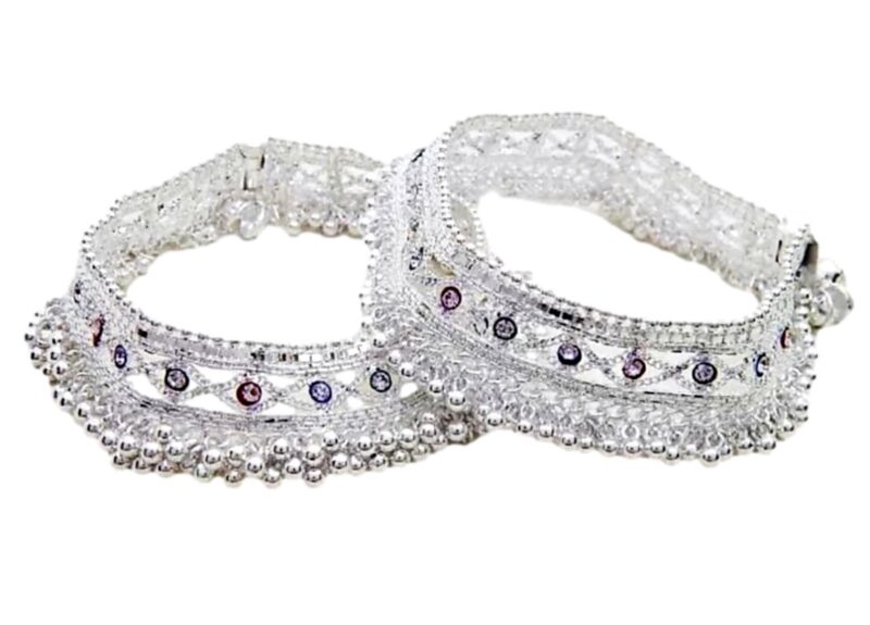 WomenSky Traditional Indian Heavy Fancy Silver Gola Payal For Women With Jhaalar | Meena Work Girls Anklets With Sound Making Ghungroo - Image 2