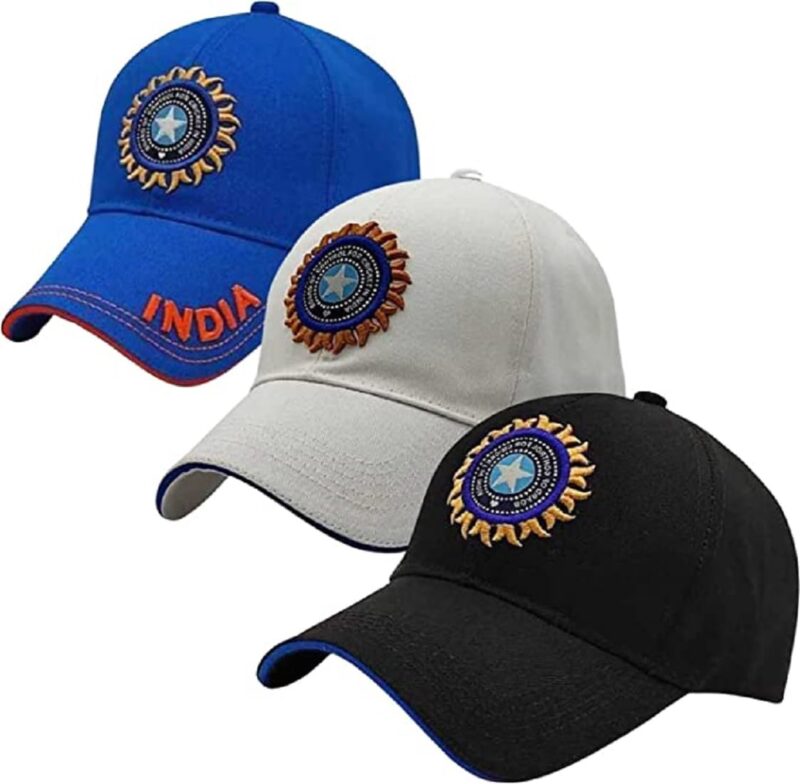 FY LANE Cotton India Cricket Cap Original Quality Head Caps for Men Unisex Mens Cap Adjustable Buckle Caps Men Women for All Sports Cricket Cap (Black+White+Blue), Free Size