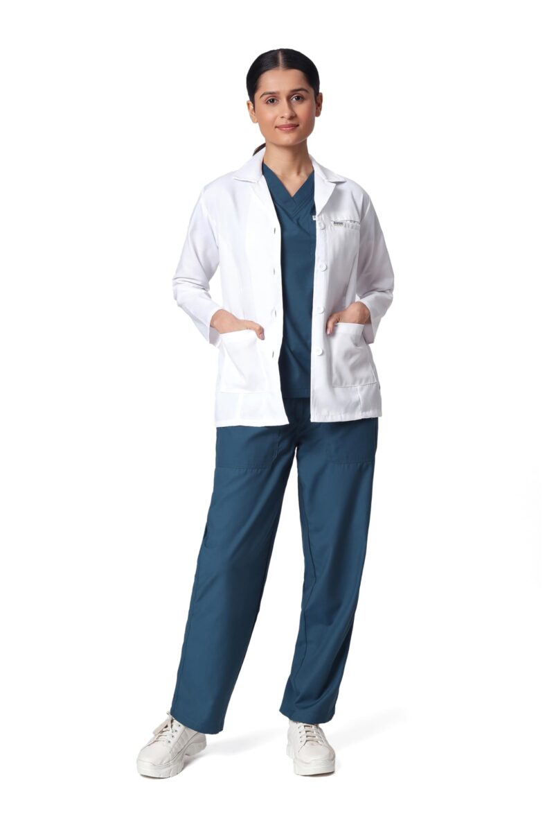KNYA Women's Lab Coat | Poly Viscose Long Sleeves Short Medical Apron | 3 Pockets Apron Lab Coat | Uniform for Doctors | XXL, White