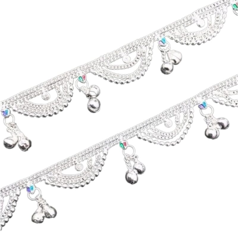 BR Ornaments South Design Silver Plated Bell Indian Anklets For Women, Silver Ankle Bracelet, Traditional Payal, Feet Jewellery (Pack of 2) - Image 2