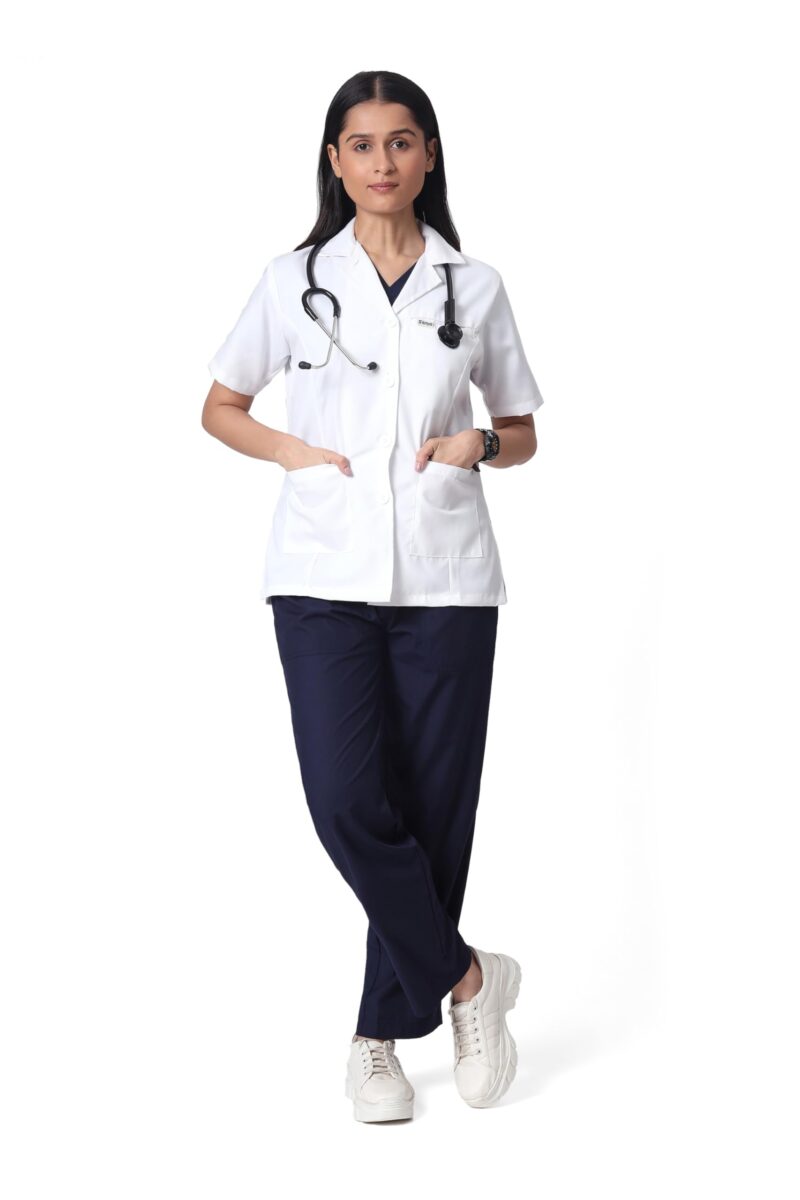 KNYA Women's Lab Coat | Poly Viscose Short Sleeves Short Medical Apron | 3 Pockets Apron Lab Coat | Uniform for Doctors | XXXL, White