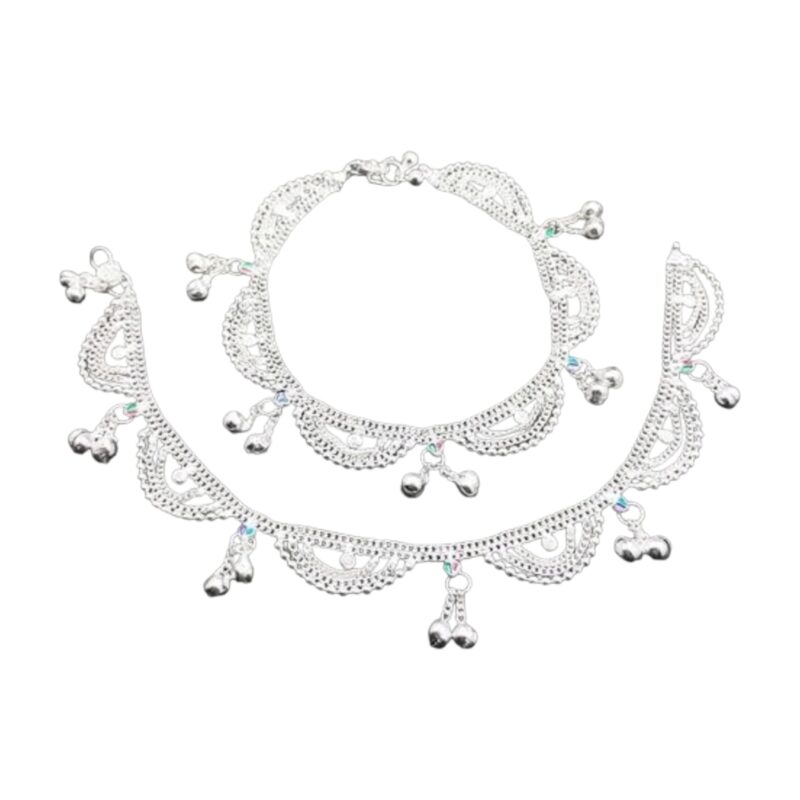 BR Ornaments South Design Silver Plated Bell Indian Anklets For Women, Silver Ankle Bracelet, Traditional Payal, Feet Jewellery (Pack of 2)