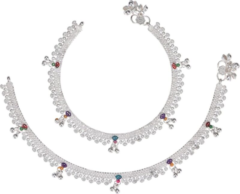 WomenSky Indian Traditional Ethnic Fancy Foot Jewellery Silver Plated Oxidised Ghungroo Painjan Payal Leg Chain Anklets Pair for Women & Girls (Silver)