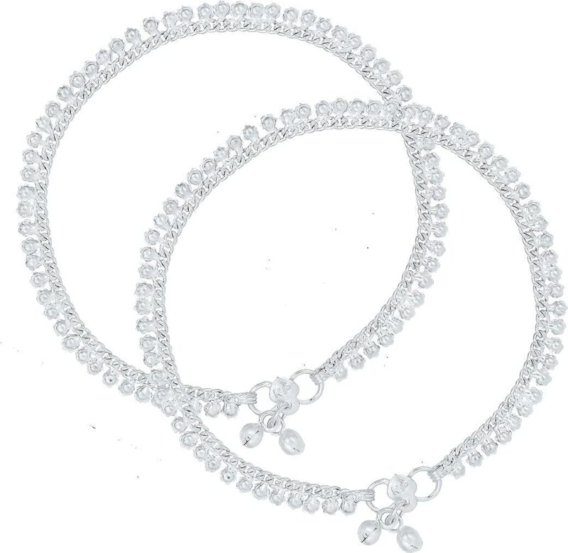 Les Bon Amis Traditional Stylish Payal for Women | Anti-Fade Silver Beaded Anklet Pair | Perfect for Festive Functions, Weddings, Birthdays and Anniversaries | Pack of 1 - Silver