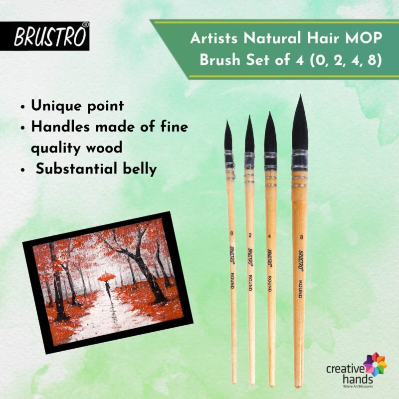 BRUSTRO Artist's Natural Hair MOP Brush | Set of 4 - (0, 2, 4, 8) | Ideal for Watercolor, Blend, Round Paint Brush, Art Painting, Colour, Gouache, Wooden Handle, Professional and Students - Image 9