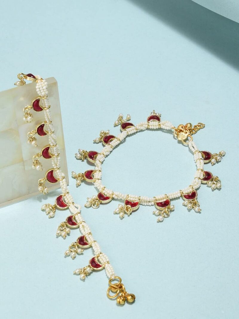 ZAVERI PEARLS Pink Crescent Shape Kundan Drop Multistrand Anklets (2 Payals) For Women-ZPFK11554 - Image 3