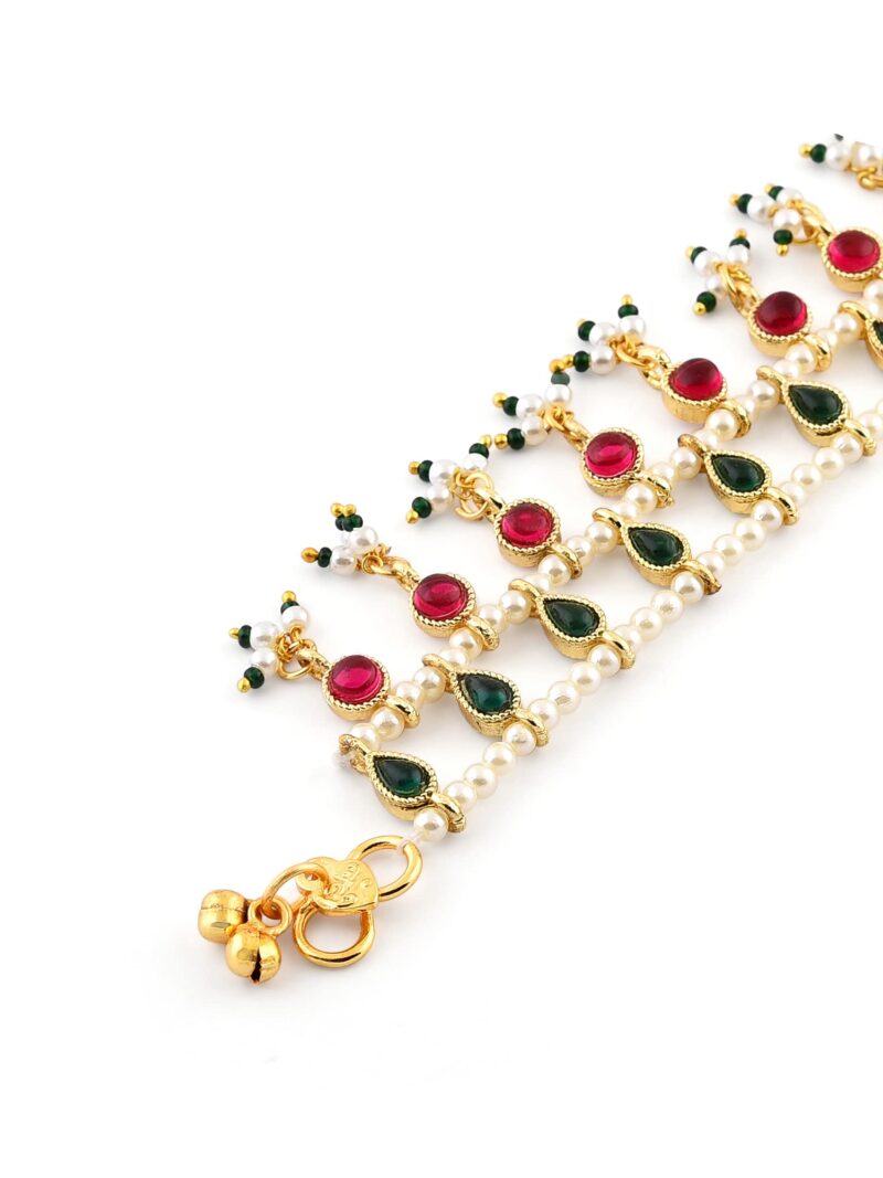 ZAVERI PEARLS Green & Pink Traditional Kundan Payal For Women (2 Anklets)-ZPFK11059 - Image 7