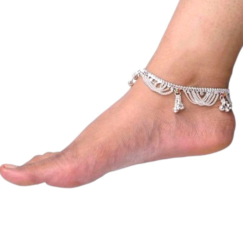 BR Ornaments South Design Silver Plated Bell Indian Anklets For Women, Silver Ankle Bracelet, Traditional Payal, Feet Jewellery (Pack of 2) - Image 3
