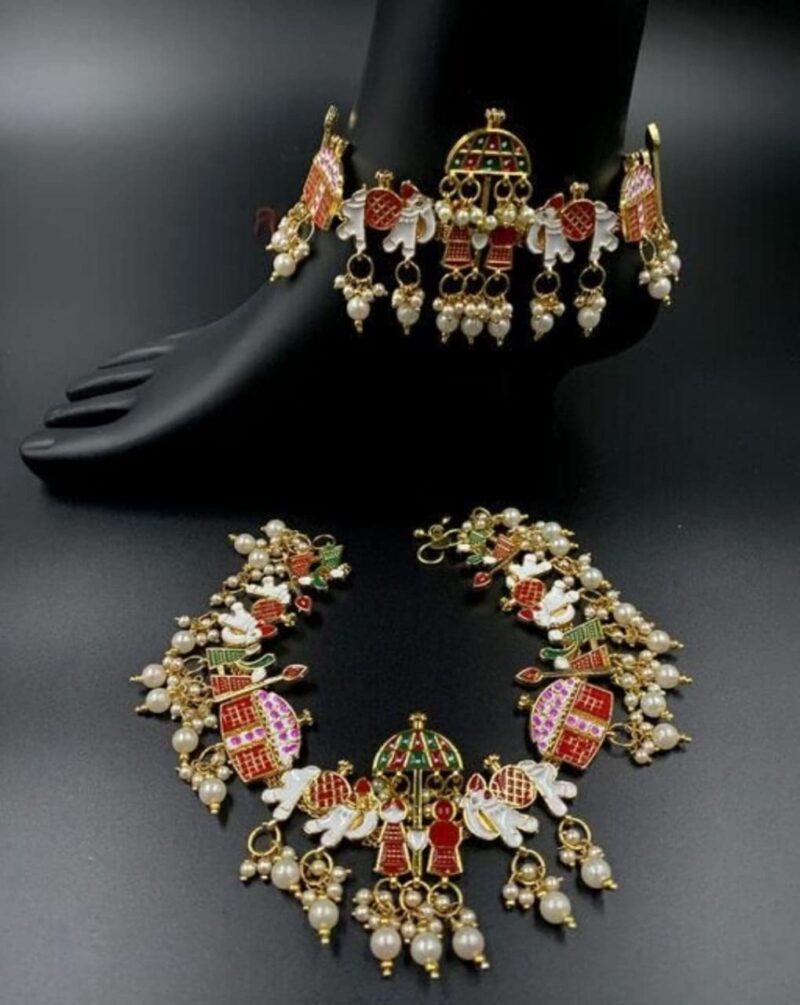 Jaynen Women's Traditional Jewelry Rajwadi anklet Handmade with Meenakari Gold Plated Doli Payal/Anklet/Pajeb/Ghungroo Pattilu payal - Image 4