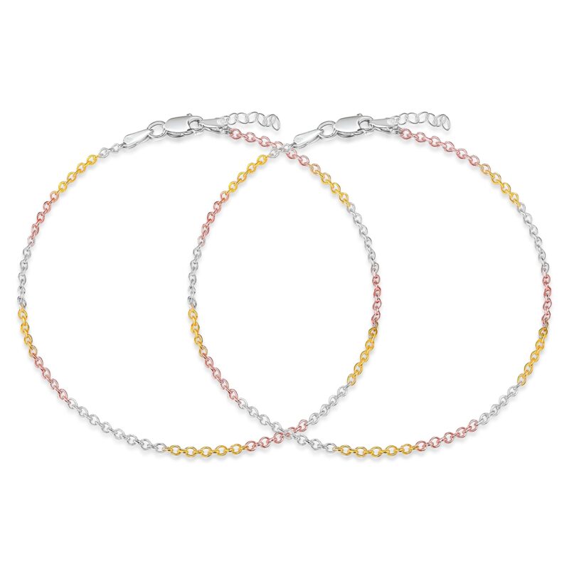 ZAVYA 925 Silver Trendy Triple Tone Cable Chain Anklet, Pair | Gift for her, Gifts for Women & Girls | With Certificate of Authenticity and 925 Stamp